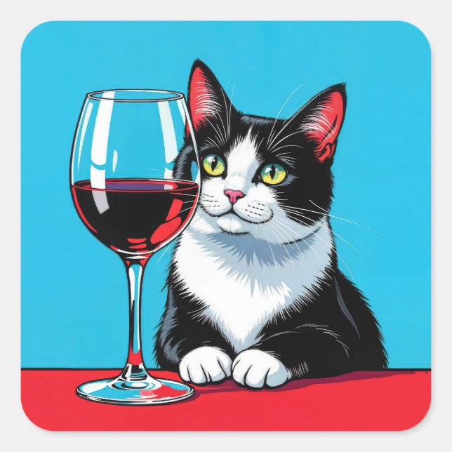 Sticker Carré Chat Smoking Avec Vin Rouge (Devant)