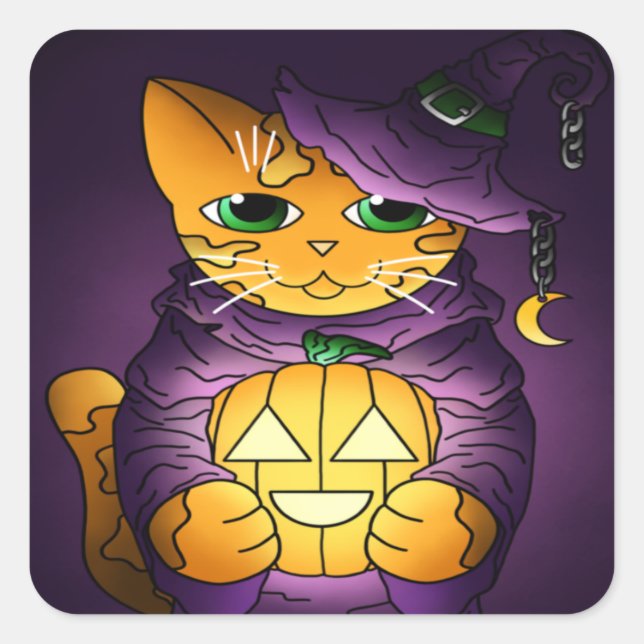 Sticker Carré Chat-sorcière d'Halloween violet (Devant)
