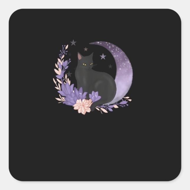 Sticker Carré Chat Sorcière Fleurs de Lune Pastel Goth Goblincor (Devant)