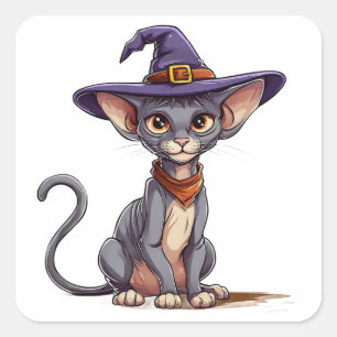 Sticker Carré Chat Sphynx adorable avec un chapeau de sorcière