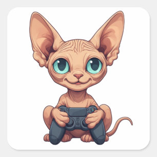 Sticker Carré Chat Sphynx tenant une manette de jeu