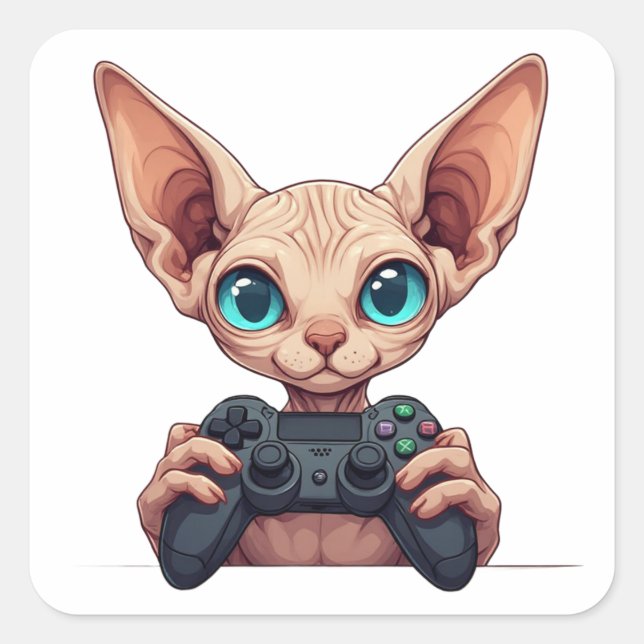 Sticker Carré Chat Sphynx tenant une manette de jeu (Devant)
