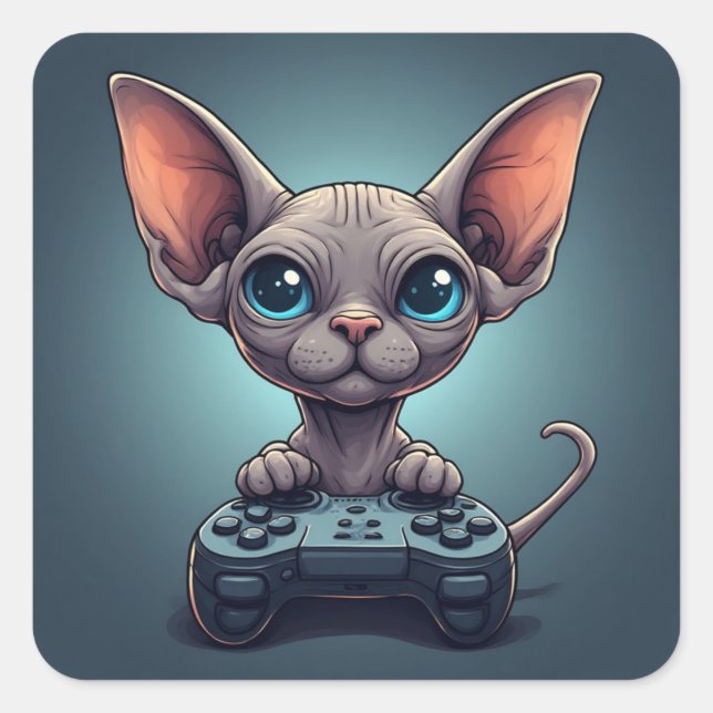Sticker Carré Chat Sphynx tenant une manette de jeu (Devant)