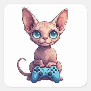 Sticker Carré Chat Sphynx tenant une manette de jeu