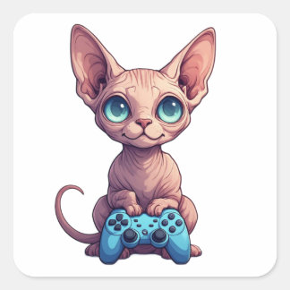 Sticker Carré Chat Sphynx tenant une manette de jeu