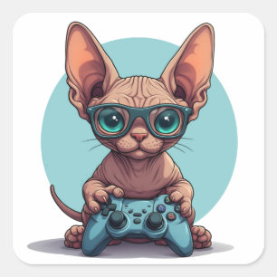 Sticker Carré Chat Sphynx tenant une manette de jeu