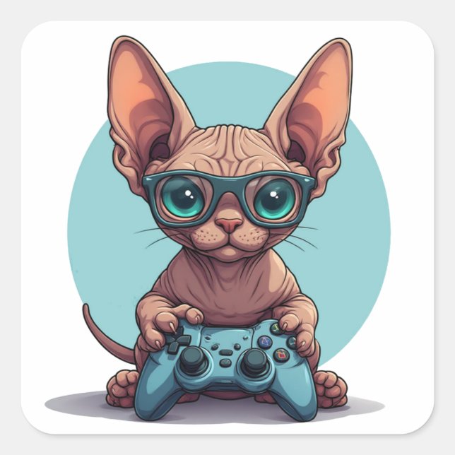 Sticker Carré Chat Sphynx tenant une manette de jeu (Devant)