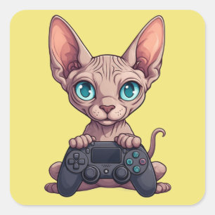 Sticker Carré Chat Sphynx tenant une manette de jeu