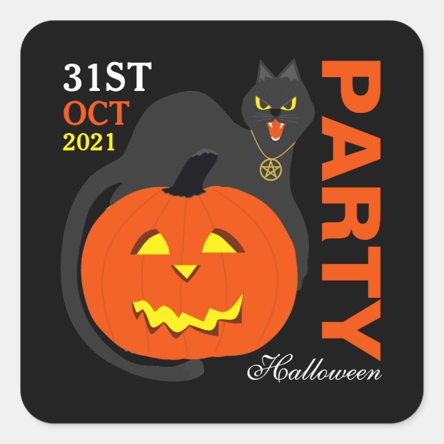 Sticker Carré Chat sur Citrouille, fête d'Halloween (Devant)