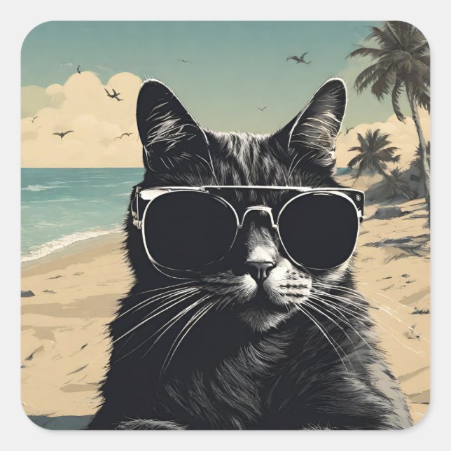 Sticker Carré Chat sur la plage - Design de haute qualité (Devant)