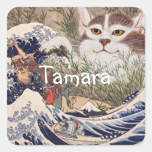 Sticker Carré Chat surnaturel à la Grande Vague (Devant)
