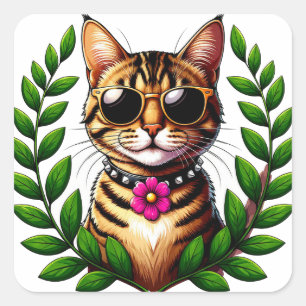 Sticker Carré Chat Tabby Cool Avec Lunettes De Soleil Et Fleurs