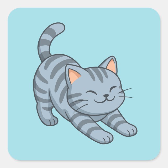 Sticker Carré Chat tabby gris étiré bleu (Devant)