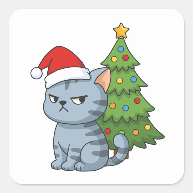 Sticker Carré Chat tabby gris grincheux chapeau rouge arbre de N (Devant)