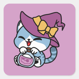 Sticker Carré Chat Tabby Halloween – Chapeau de Sorcière & Art d