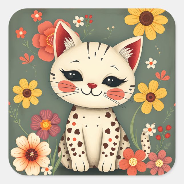 Sticker Carré Chat tacheté heureux avec des fleurs (Devant)