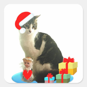 Sticker Carré Chat tigré de Noël et joli petit ange