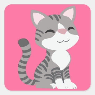 Sticker Carré Chat tigré gris de sourire mignon