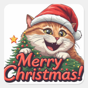 Sticker Carré Chat tigré joyeux Noël avec arbre