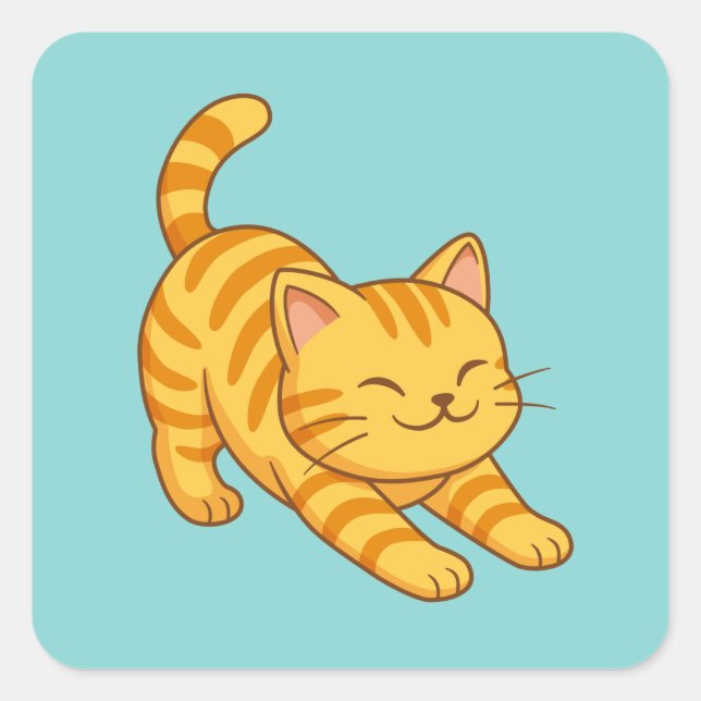 Sticker Carré Chat Tigre Orange Étiré Vert (Devant)