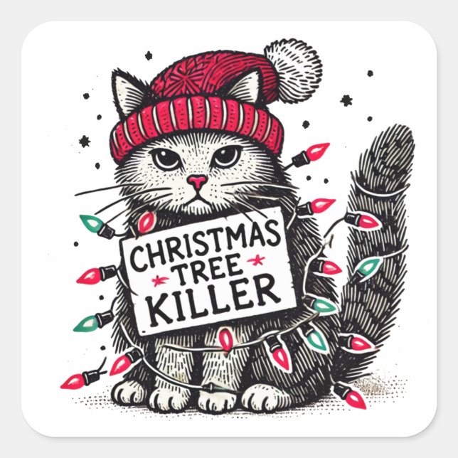Sticker Carré chat tueur d'arbre de noël (Devant)