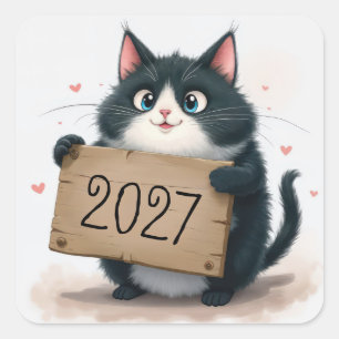 Sticker Carré Chat Tuxedo avec signe du Nouvel An 2026