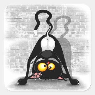 Sticker Carré Chat Upside Down Funny Cartoon Caractère