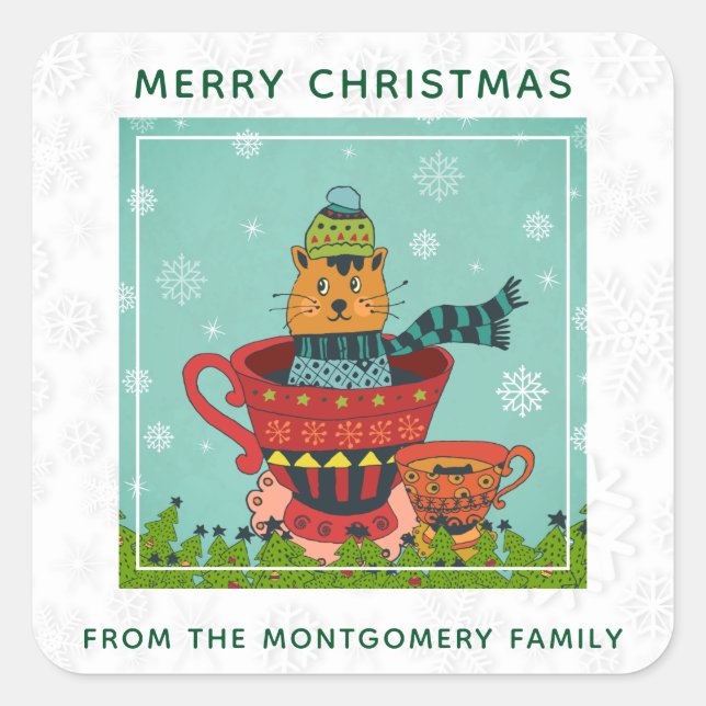 Sticker Carré Chat Whimsical assis dans un thé Noël (Devant)