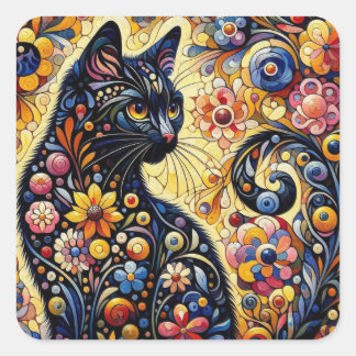Sticker Carré Chat Whimsical Noir Abstrait peinture florale Art