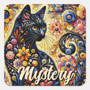 Sticker Carré Chat Whimsical Noir Abstrait peinture florale Art