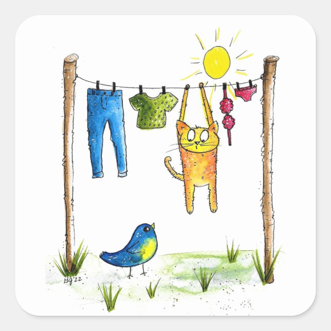 Sticker Carré Chat Whimsical sur une ligne de linge (Devant)