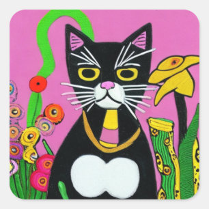 Sticker Carré Chat Whimsical Tuxedo avec Flower Folk Art