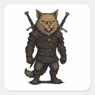 Sticker Carré Chat Witcher – Guerrier Fantasy Médiéval
