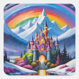 Sticker Carré Château en arc-en-ciel enchanté