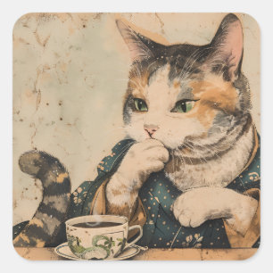 Sticker Carré Chateau japonais vintage avec une tasse de thé
