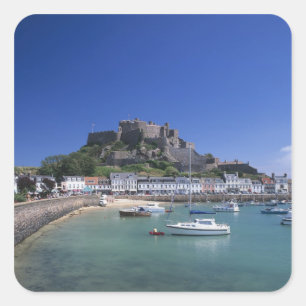 Sticker Carré Château Mont Orgueil et port, Gorey, Jersey