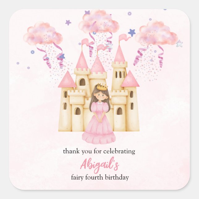 Sticker Carré Château Rose Conte de Fées Princesse Anniversaire  (Devant)
