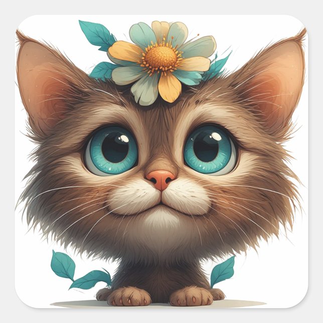 Sticker Carré Chaton Adorable Avec Fleurs💖 (Devant)