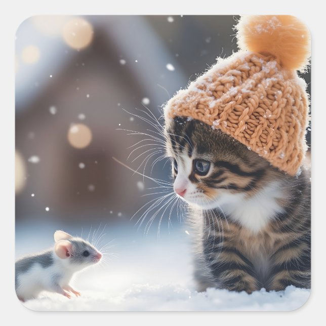 Sticker Carré Chaton adorable et souris dans la neige ensemble (Devant)