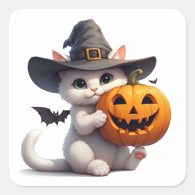 Sticker Carré Chaton blanc d'Halloween Citrouille Jack O Lantern (Devant)