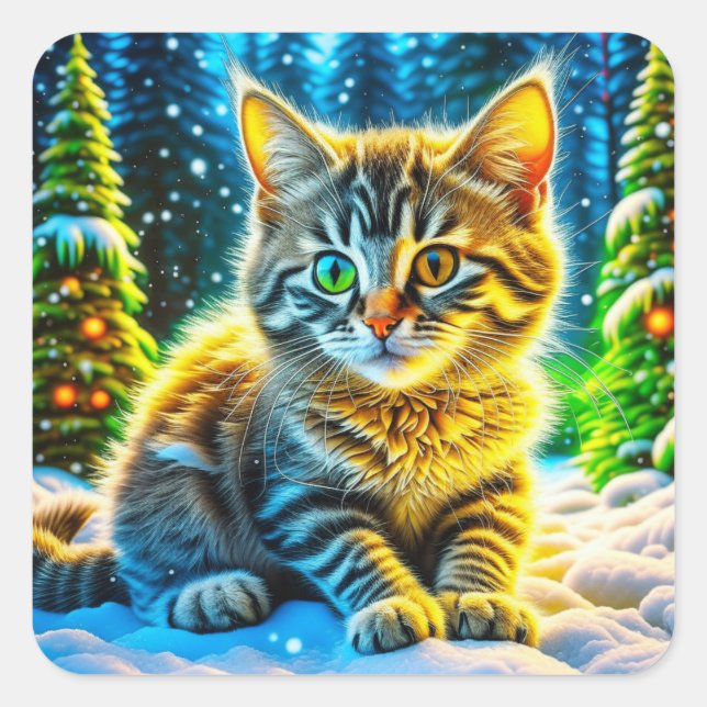 Sticker Carré Chaton de Noël Jouer dans la neige (Devant)