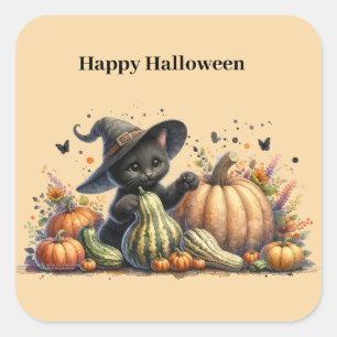 Sticker Carré Chaton de sorcière noire Halloween W/ Gourds Citro