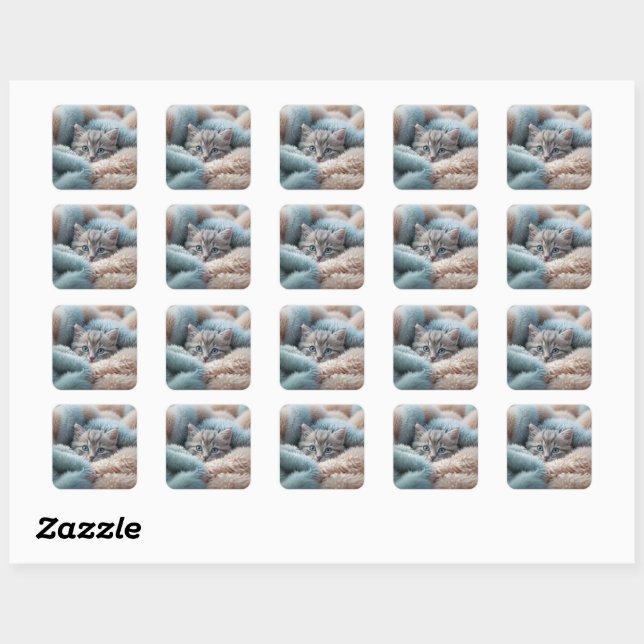 Sticker Carré Chaton duveteux dans une couverture douce (Feuille)