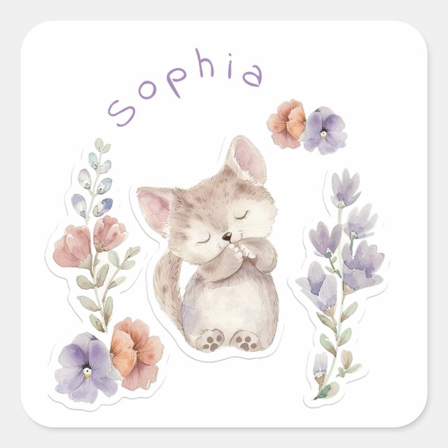 Sticker Carré Chaton et fleurs, personnalisées (Devant)