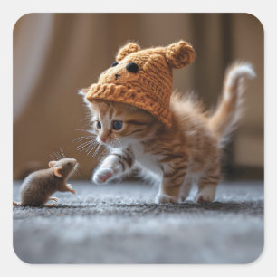 Sticker Carré Chaton jouant avec une petite souris