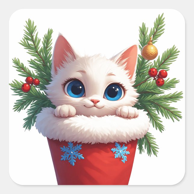 Sticker Carré ❄️ Chaton mignon Chaussette de Noël Coup d'oeil 🐾 (Devant)
