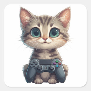 Sticker Carré Chaton mignon tenant une manette de jeu Chat joueu