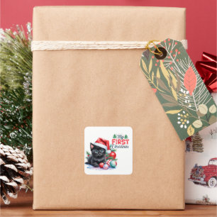 Sticker Carré Chaton Noir À Santa Hat Joyeux Noël