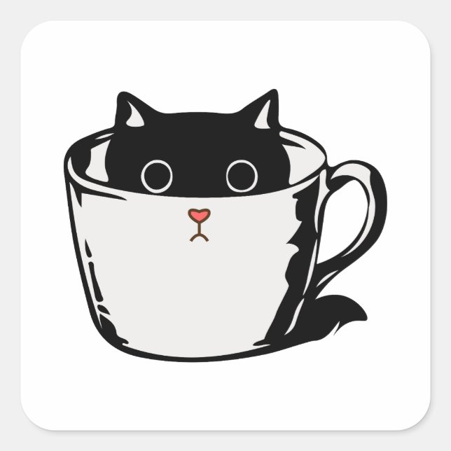 Sticker Carré Chaton noir avec nez rouge caché dans une tasse (Devant)
