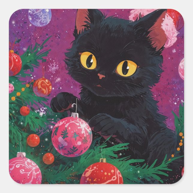 Sticker Carré Chaton noir mignon et sapin de Noël (Devant)